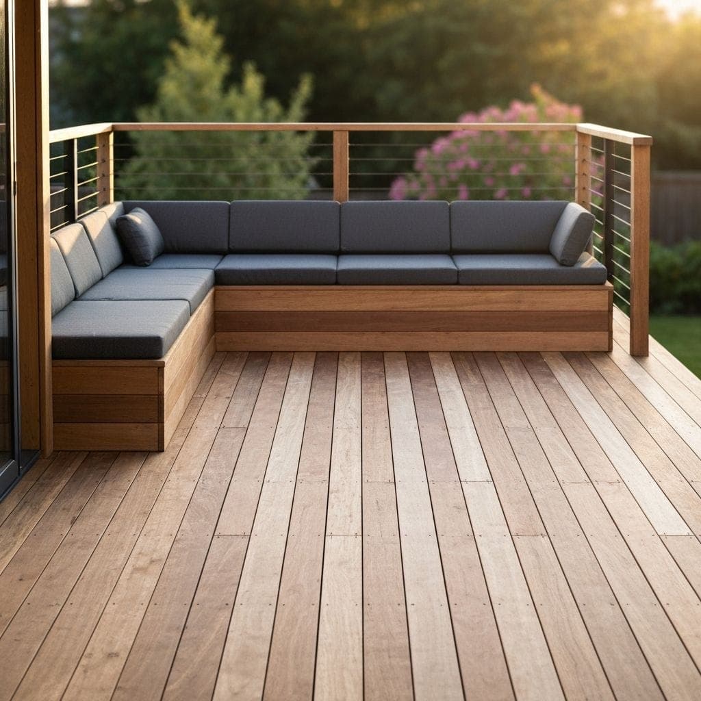 Spacious custom wooden deck with built-in seating built by Build Moore Exteriors