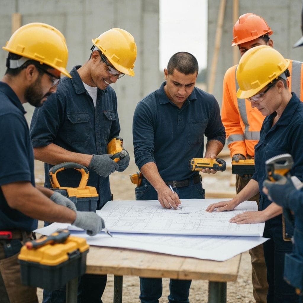 Build Moore Exteriors team reviewing home design blueprints